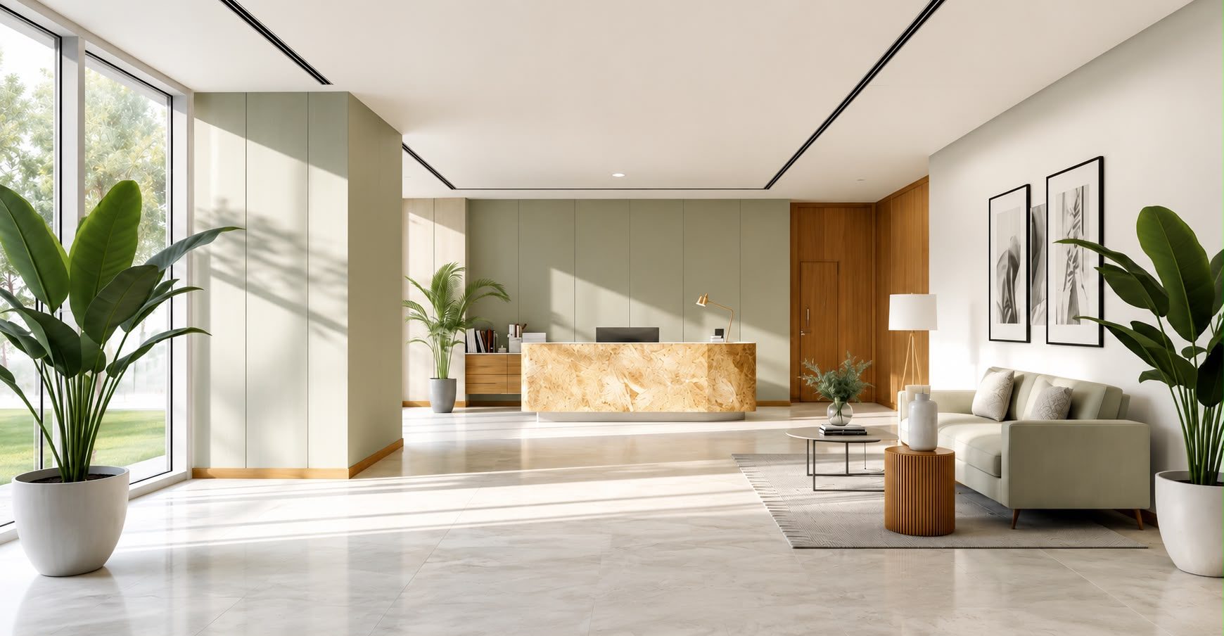 Spotless, modern office lobby with reception desk and lounge seating